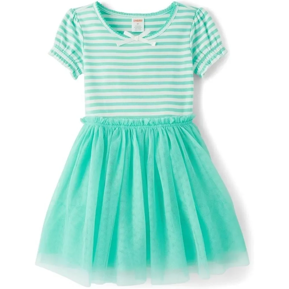 Gymboree Girls Mint Blue-Green Striped Tulle Bow Dress Size 12 NEW with Tags